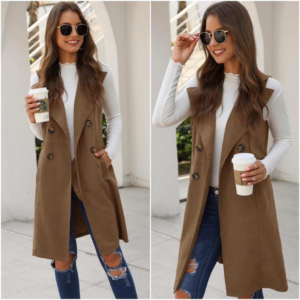 Waterfall button long Vest jacket - brown - Picture 1 of 3